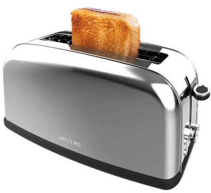 Cecotec Grille-pain Vertical 1 Fente Longue Toastin' time 850 Inox Long Lite. 850 W, 2 Tranches de Pain, Fente Large de 3,8 cm, Support pour Petits Pains et Bac à Miettes, Acier Inoxydable