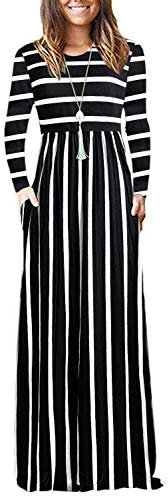 AUSELILY Women's Casual Long Sleeve Maxi Dress Loose Long Dresses with Pockets Black White Stripes M