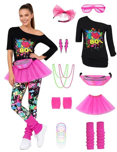 Mrsclaus 80er Jahre Outfit Damen 80 Jahre Kostüm Zubehör Set 80er T-Shirt Tutu Bauchtasche Ohrring Halskette Retro Neon 80 Jahre Outfit Party Kostüm Accessoires für Karneval Mottoparty
