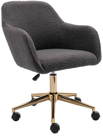 DEKKETO Grey Teddy Swivel Desk Chair, Makeup Vanity Chair with Wheels, Height Adjustable Dressing Table Chairs with Gold Base for Bedroom, Vanity Room, Home Office