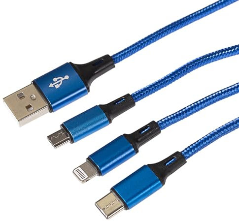 Maplin USB-A to 3 in 1 Multi Charging Cable USB-C & Lightning & Micro USB-B Braided 1.2m Blue, for iPhone 15,14,13,12,11, iPad, Android phones Samsung S7/S6/S5, Sony, Huawei, PS4, HTC, Kindle, Camera