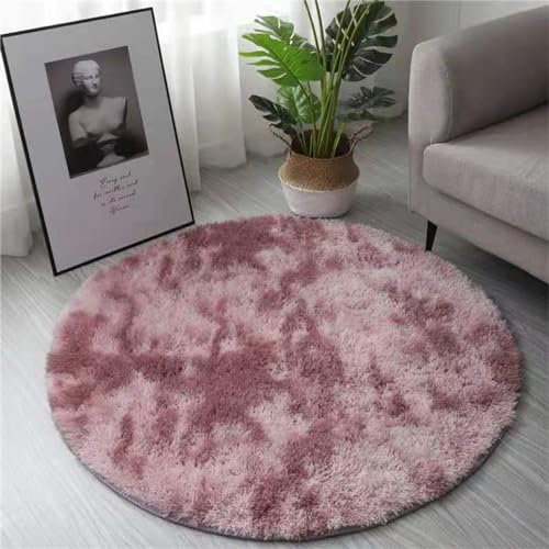 Hiseng Tappeto Salotto Moderno, Tappeto Peloso Rotondo Camera da Letto Tappeto Morbido e Soffice per Soggiorno per Cameretta Bimba Decorazioni (80cm,Tie-Dye Rosa-Viola)