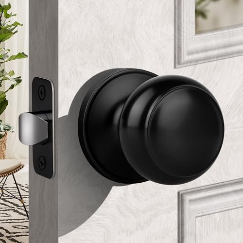 Moquin Pomo de puerta de paso de bola plana sin cerradura, perilla interior redonda en acabado negro mate, perilla de puerta sin bloqueo sin llaves para pasillo y armario