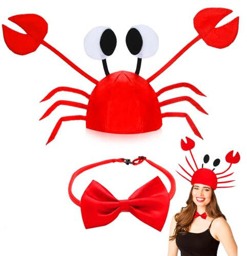 Krabben Mütze Verstellbar, Einzigartige Lustiger Hut, Krabben Hut mit Roter Fliege, Partyhut Lustige Hüte für Kinder Damen Herren, Kopfbedeckung für Karneval Cosplay Halloween Party Kostüm Zubehör