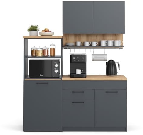 Vicco Cucina singola Egbert, Antracite, 160 cm | con tavolo allungabile, con asciuga piatti integrato e ripiani laterali