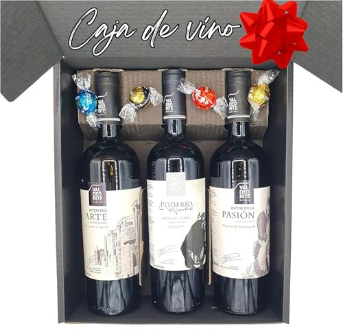 Estuche de 3 Botellas de Vino Bodegas Valdeorite + Bombones Lindt. | Vino Rutas de la Pasion + Rutas del Arte + Poderio Español | Para Regalar en Navidad, Empresa, Amigo Invisible, Día del Padre