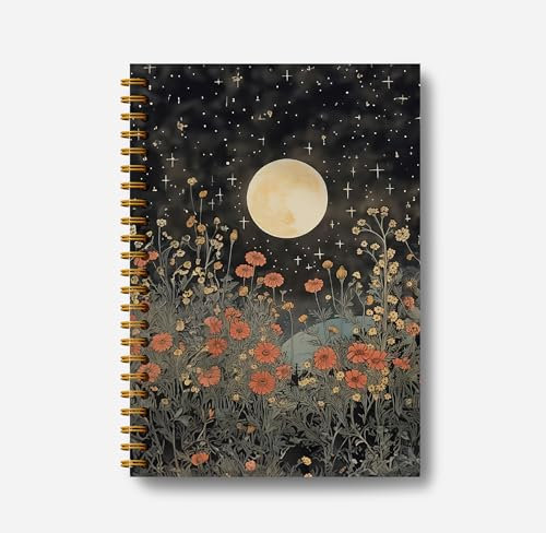 Guymn Notizbuch mit Vintage-Blumenmuster, Mond, Tagebuch, 14 x 21 cm, Hexengeschenke, Gothic-Spiral-Tagebuch, 164 Seiten