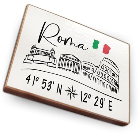 Kühlschrankmagnet mit Städte mit Koordinaten Souvenir Mitbringsel - Handmade aus Buchenholz - 6.5cm x 5cm - Geschenk-Idee (Roma)