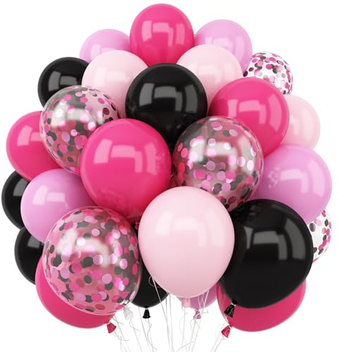 Pink and Black Balloons, 12 Inch Hot Pink Pastel Pink Black Balloon with Black Pink Confetti Balloons for Girls Women Birthday Baby Bridal Shower Wedding Theme Party Decoration