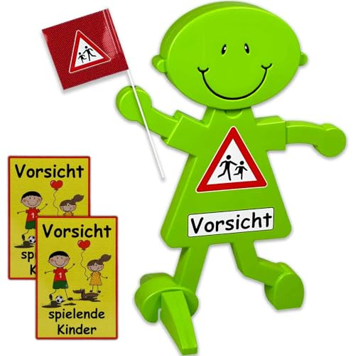 UvV 3D Warnschild Verkehrssicherheitsmännchen mit reflektierender Folie für mehr Verkehrssicherheit | 1 Meter hoch mit Warnflagge | leuchtend grün und stark auffallend (Variante 1 + Klebeschild)