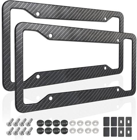 ZXFOOG Carbon Fiber License Plate Frames- 2 Pack Black Aluminum Front & Rear Auto Car Tag Holder, Heavy Duty Bracket with Mount Hardware, Screws Caps, Rattle Proof Pads (Carbon Pattern
