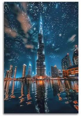 Vintage-Reise-Stadt-Poster, Burj Khalifa Turm, Dubai, Nachtansicht, dekoratives Gemälde, Leinwand, Poster, 60 x 90 cm