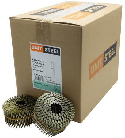 UnitSteel 15° Coilnägel - 2,3X65mm, 7.200 stück, Ringnägel für Druckluft-Nagler, Ring/Blank, für fast alle Marken von Tackern