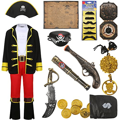 Piratenkostüm Kinder Jungen mit Piraten Zubehör Set Piraten Hut Augenklappe Schatzkarte Schnurrbart Kompass Teleskop etc. Fasching Halloween Verkleidung Piraten Party Kostüm 3-10 Jahre alt G037-XL