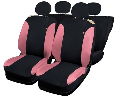 Rebeca Shop® Coprisedili Auto Compatibili con Cinquecento 500, Made in Italy, tessuto policotone, set anteriori e posteriori (Nero/Rosa, Posteriore 50/50 senza Logo)