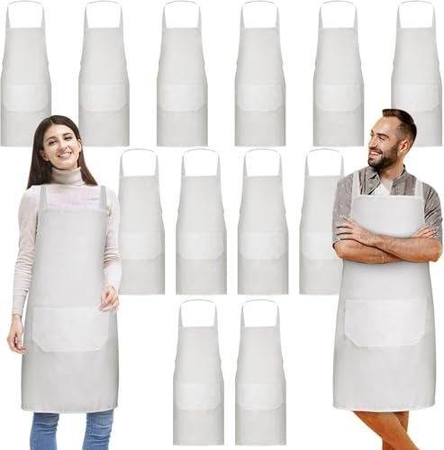 Jeffbaubl Grembiule da cucina, 12 pezzi, regolabile con 2 tasche, grembiule da cucina, grembiule regolabile, grembiule unisex da cuoco per cucina, cucina, cucina, ristorante, caffetteria, bianco,
