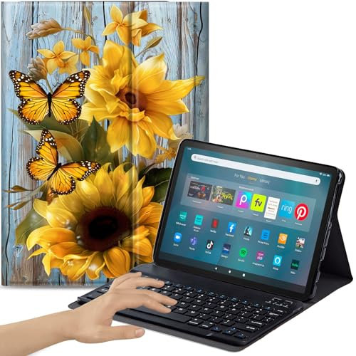 Qindaiwen Keyboard Case for Amazon Fire Max 11 (13th Generation, 2023 Release) with Detachable Bluetooth Keyboard & Slim PU Leather Protective Cover, Sunflower