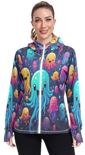 LINNIKEEEE Süße Cartoon Kunst Quallen UPF 50+ Sonnenschutz-Shirt Mit Reißverschluss Rashguard Angeln Outdoor Shirts für Damen Mädchen