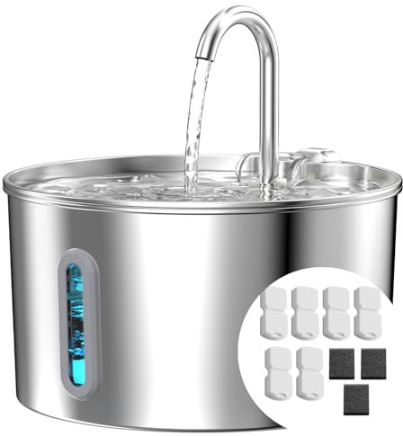 Fuente para Gatos: 2,2 L Fuente de Agua para Gatos Sus 304 de Acero Inoxidable – Fuente para Gatos + 6 filtros + 3 esponjas – Fuente Dispensador de Agua Ultra silenciosa para Perros