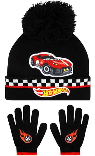 Hot Wheels Kids Hat And Gloves Set | Race Car Winter Hats For Kids | Boys Hat And Gloves Set | One Size Black