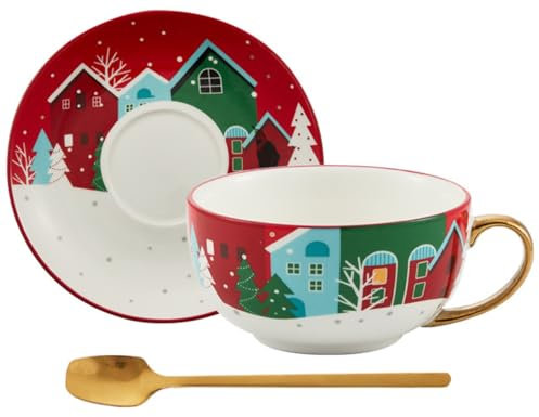 Eplze YBK Tech Ceramic Cup and Saucer Set, 9.5oz Teacup with Saucer, Christmas Series (Houses Pattern)