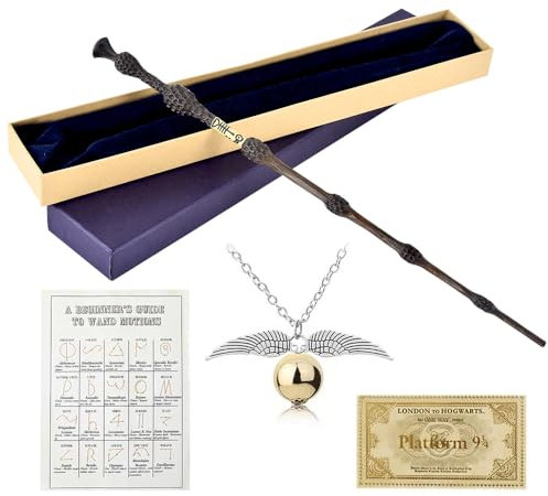 WDKXCN Dumbledore Baguette magique Harry en acier et résine, 37 cm, baguette magique de sureau HPotter dans une boîte cadeau avec carte de sort, collier et bâton de station