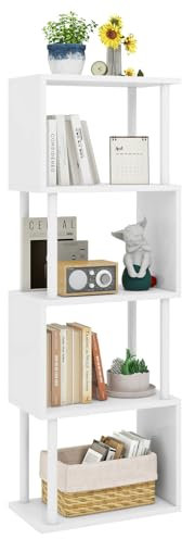 IBUYKE Bücherregal mit 5 Ebenen,S-förmiges Bücherregal,Raumteiler,Stufenregal mit Aufbewahrung,Modernes Bücherregale Dekoregal für Wohnzimmer, Schlafzimmer, Home Office, Weiß WBC015W