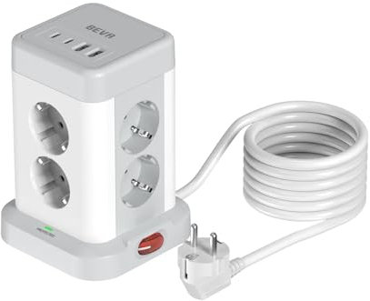 8 Fach 3680W/16A Mehrfachsteckdose mit USB C und 2M Kabel,BEVA Steckdosenleiste Mehrfachstecker mit 2 USB-A & 2 USB-C (15W), Verteilersteckdose Steckdosenturm mit Schalter für Zuhause, Grau