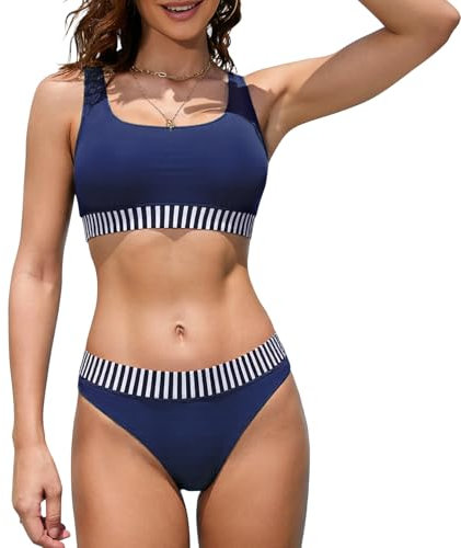 iSLASISIA Damen Sport Badeanzüge Zweiteiliger Crop Top Gerippter Bikini mit frechem Unterteil(Dunkel Blau,EU40)