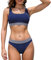 iSLASISIA Damen Sport Badeanzüge Zweiteiliger Crop Top Gerippter Bikini mit frechem Unterteil（Dunkel Blau,EU40）