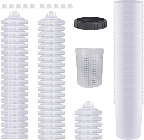 Aflybltol Lackierpistole Mischbecher mit Skala Set für Farbsprühsystem HVLP lackierpistole Druckluft Farbsprühpistole Mit Deckel und Liner Kit, 45 Einwegdeckel und Liner, 10 Verschlussstopfen (800ML)