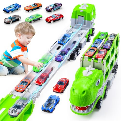 iKidiki Dinosauri Macchinine per Bambini, Gioco 2 3 4 5 Anni con Traccia Camion e 6 Auto da Corsa in Lega, Regalo Dinosauri