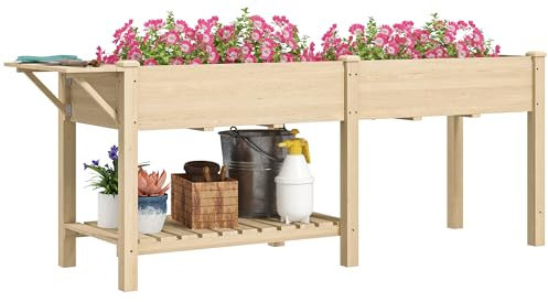 Outsunny Jardinière sur Pieds, carré Potager de Jardin sur Pieds, 2 bacs avec séparateur, Tablette Pliable et étagère inférieure, Potager surélevé en Bois pour Fleurs, 207 x 59 x 78 cm, Bois Naturel