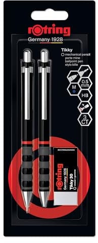 Rotring Tikky Set aus Feinminenstift, Kugelschreiber und Radierer | Bleistift mit HB-Mine, 0,5 mm | Schreibgerät mit mittelgroßer Spitze | Schaft in Schwarz | Leicht mit gummierter Griffzone