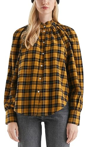 QS Damen Karobluse mit Raglanärmel und Rüsche Am Stehkragen Bluse Langarm