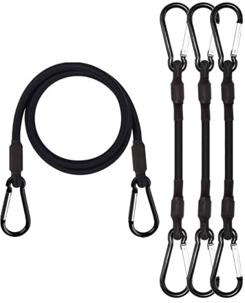 Bungee Cords with Carabiner Clips, 4 Pack 60cm Long Heavy Duty Carabiner Bungee Cord, Extra Strong Black Bungee Straps with Carabiner Hooks for Camping, Tarps, Bike Rack, Tent, Car, Motorcycle
