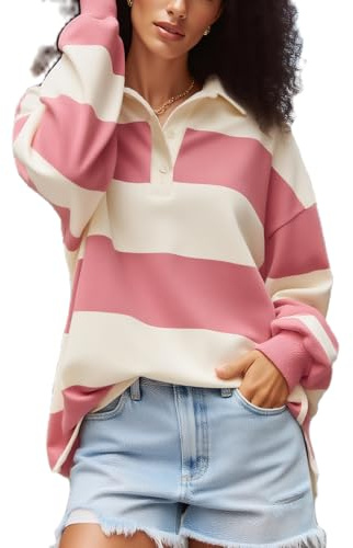 Amiblvowa Rugby Shirt Women Striped Collared Long Sleeve Polo Shirts Oversized Color Block Sweatshirt Vintage Pullover Top