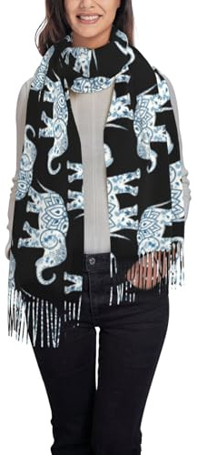 HAHAFU Elefanten-Schal für Damen, flauschiges Kaschmirimitat mit Quaste, voller Druck, modisch, weich, warm, für vier Jahreszeiten, elegantes Accessoire für den täglichen Gebrauch