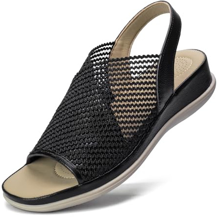 Mnking Sandalias Cuña Mujer Verano Sandalias Plataforma Comodas Plantilla Cuero Peep Toe Transpirable Tejido Malla Slingback para Caminar Tiempo Libre Oficina
