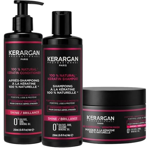 KERARGAN - Keratin Trio Shampoo, Conditioner & Haarmaske - 3x250ml | Shampoo, Conditioner und Haarmaske, Reparaturroutine zum Reinigen, Entwirren und Pflegen geschädigter Haare