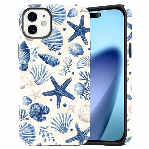 Dahimomo Summer Cute Phone Case for iPhone 12/iPhone 12 Pro 6.1, 2-in-1 Girly Aesthetic Beach Blue Ocean Seashell Design Pattern, Camera Lens Protective Shockproof Bumper Slim Cover for Girl Women