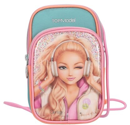 Depesche 14106 TOPModel Music - Handytasche in Pink, Apricot und Türkis, mit Model Motiv und Glitzer, Tragetasche mit Umhängeschlaufe für das Smartphone