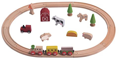 EverEarth Eisenbahn-Set Bauernhof aus nachhaltigem Holz – Kindgerechtes Spielset mit Schienen, Tieren und Zubehör – Kreatives Lernspielzeug mit unbedenklichen Wasserfarben – EE33590