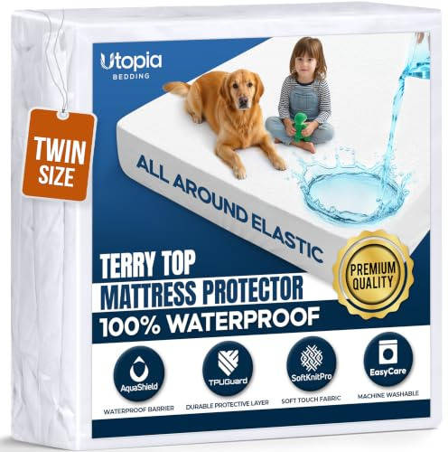 Twin Size Mattress Protector Waterproof, Premium 200 GSM Terry Mattress Cover, Soft & Breathable Bed Cover, Fitted Sheet Style Stretchable Deep Pockets 15 by Utopia Bedding (White)