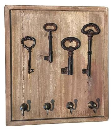 zeitzone Schlüsselbrett Holz Braun Antik-Stil 4 Haken Nostalgie Schlüsselhalter 25x22cm