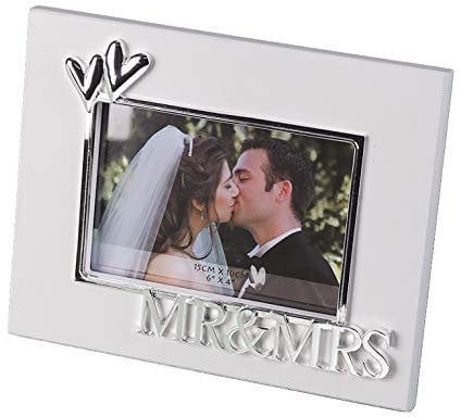 Casablanca - Fotorahmen MR&MRS aus MDF - weiß mit Metallverzierungen in Herzform und Schriftzug MR&MRS Format 10 x 15 cm zum Stellen
