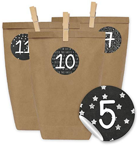 Papierdrachen Adventskalender zum Befüllen - 24 Geschenktüten und 24 Zahlenaufkleber und Klammern - Motiv Schwarz-weiß Tafelmotiv - zum Befüllen und Basteln - Weihnachten - Mini Set Nr 16