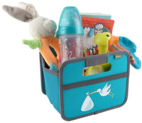 meori Faltbox Mini in Azurblau mit Motiv Storch – Kleine Klappbox mit Griffen – Geschenkidee und Allzweck Aufbewahrungslösung - A100317 - 16,5 x 12,5 x 14 cm