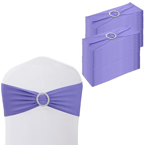 WedDecor Lilac Purple 15cm x 70cm Spandex Chair Bands Sash Tie Bow Elastic Bands with Buckle Slider for Wedding Party Chair Covers Decoration Events Supplies (Pack of 100) | Stretch Chair Sashes for Wedding Party Chair Decoration, Event Supplies, Formal Meeting, 13 x 6 Inches