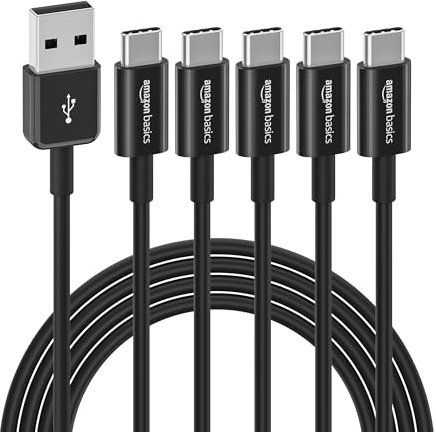 Amazon Basics 5-Pack USB-C to USB-A 2.0 Fast Charger Cable, 480Mbps Speed, USB-IF Certified, for Apple iPhone 16/15, iPad, Samsung Galaxy, Laptops, 1.8 m, Black